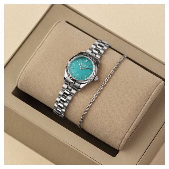 Bild von Set Solar-Armbanduhr + Armband "All Turquoise", silber